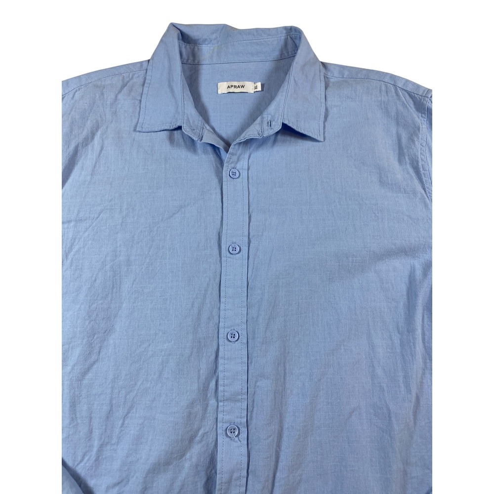 APRAW Mens XL Light Blue Cotton Linen Blend Long Sleeve Button‎ Down Shirt HZJP